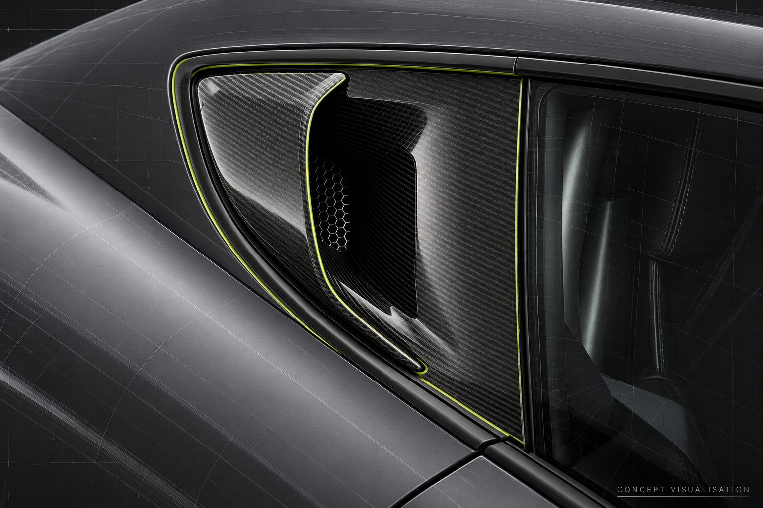 Intake vent concept render with carbon-fibre detailing and thin lime accents